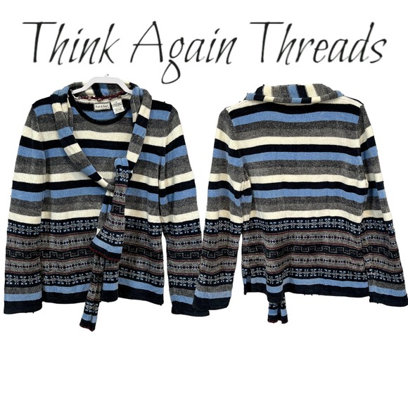 Knit & Pearl Cozy Pullover Sweater Button Down Scarf Striped Casual Size XL - Picture 1 of 7